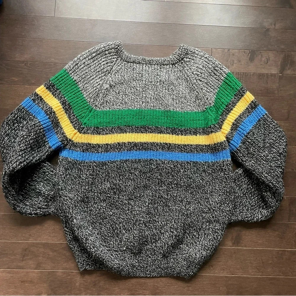 Crewneck Knit Sweater with Green, Yellow & Blue Stripes